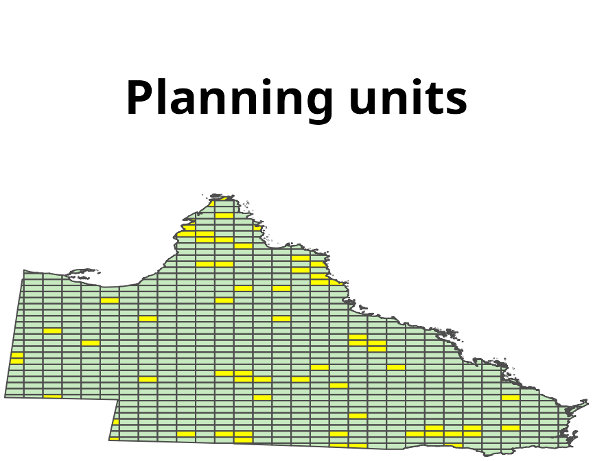 _Planning units for the case-study examples. Polygons denote planning units. Yellow units have more than 50\% of their area already in a reserve.)