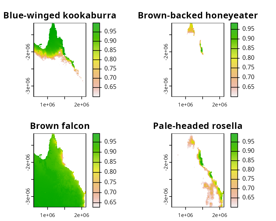 _Distribution map for four Australian bird species. Pixel colours denote probability of occupancy._